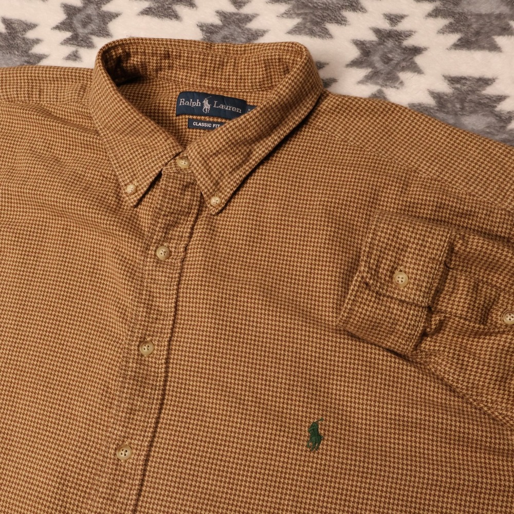 Ralph Lauren Classic Fit Shirt Mens 3XLT Brown Houndstooth Flannel Button Down